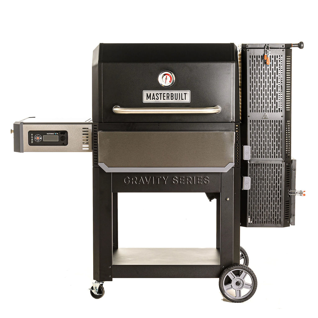 Gravity Series 1050 grill with control panel on left, charcoal hopper on right, mounted on a wheeled cart. 