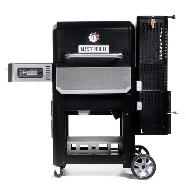 A Gravity Series 800 grill with control panel on the left and charcoal hopper on the right mounted on a wheeled cart. 