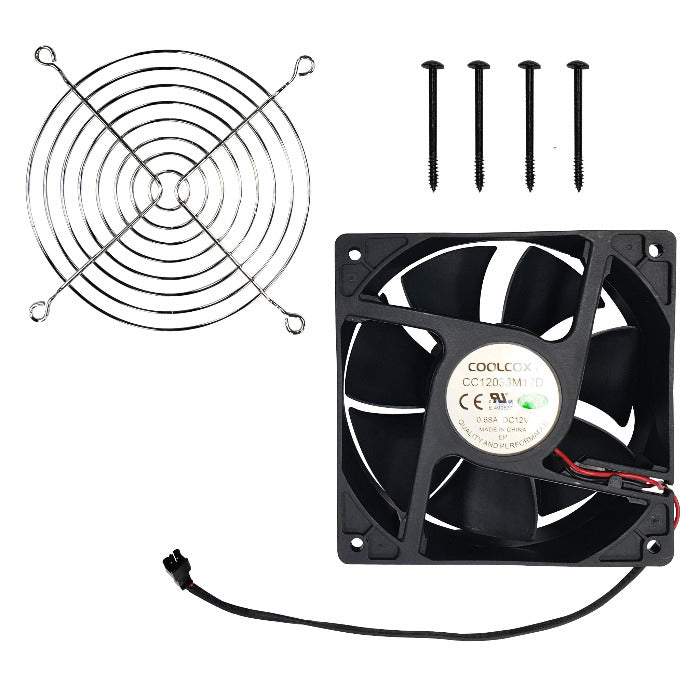 Fan with attached connecting wire and plug, plus fan cover and 4 screws