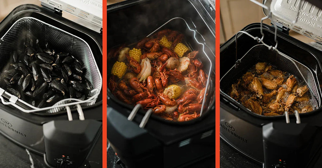 3 images of using the 10L XL Fryer to steam mussels, make a low-country boil, and fried chicken wings.