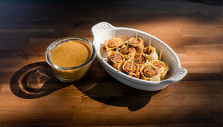 Cheesy Venison Sausage Roll-Ups with Honey Bourbon Mustard Dip