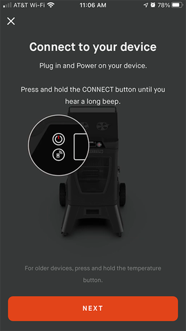 Phone screen with the message "Connect to your device" and an image showing the connect button on the device controller