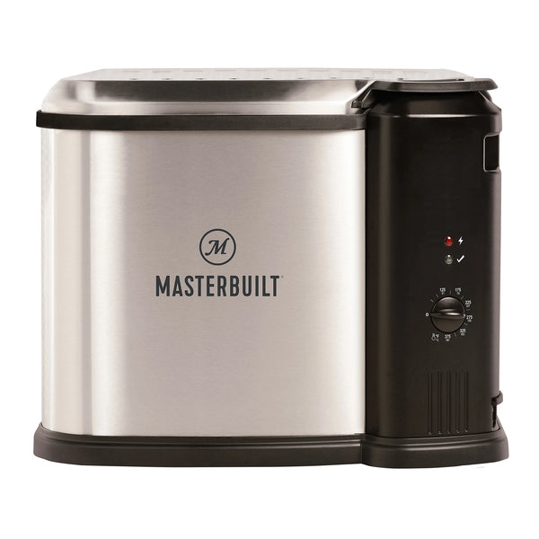 10 Liter Electric Fryer. Silver body with Masterbuilt name and logo in black. Black control panel on right with 2 indicator lights and a temperature control knob with white text