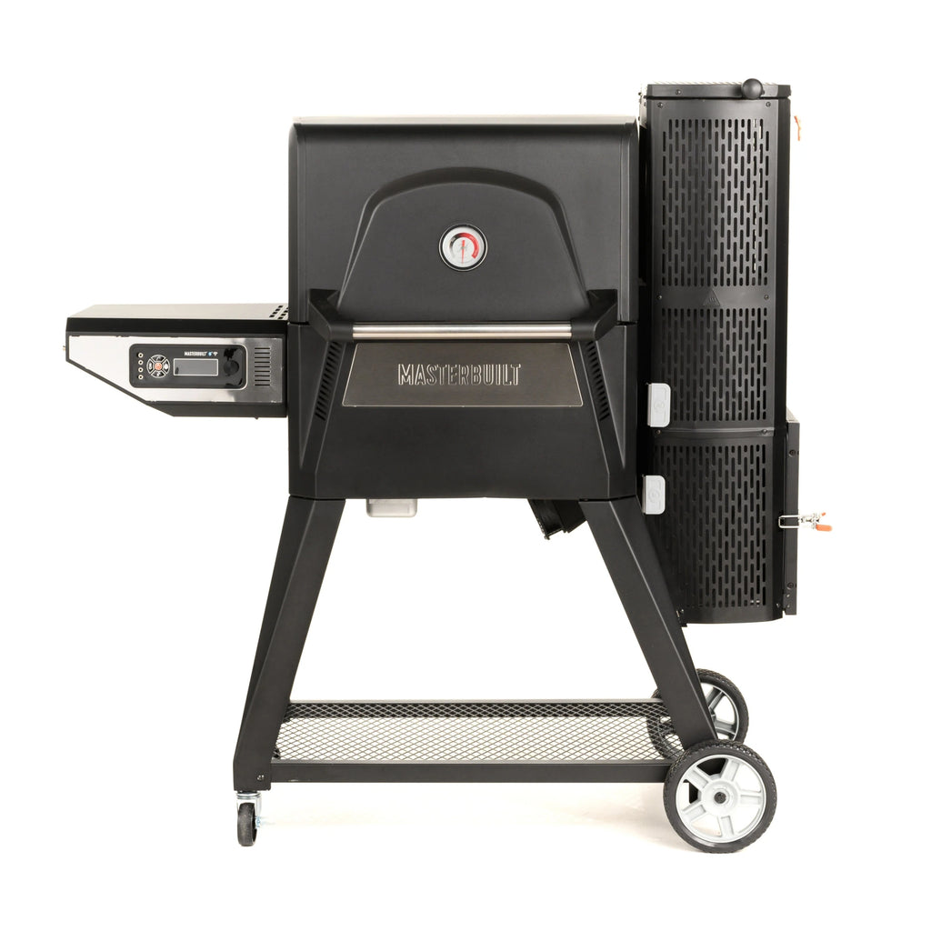A Gravity Series 560 grill on a white background. The charcoal hopper is on the right, the side shelf and control panel are on the left. The grill is mounted on a wheeled cart.