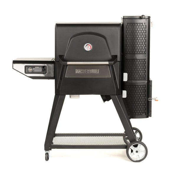 A Gravity Series 560 grill on a white background. The charcoal hopper is on the right, the side shelf and control panel are on the left. The grill is mounted on a wheeled cart.
