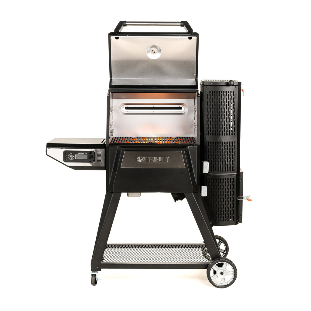 An open view of the Gravity Series 560 showing the cast iron cooking grate.