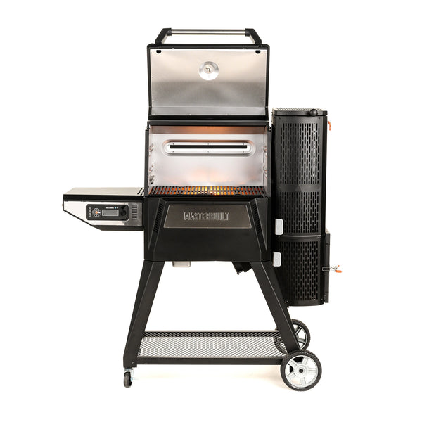 An open view of the Gravity Series 560 showing the cast iron cooking grate.