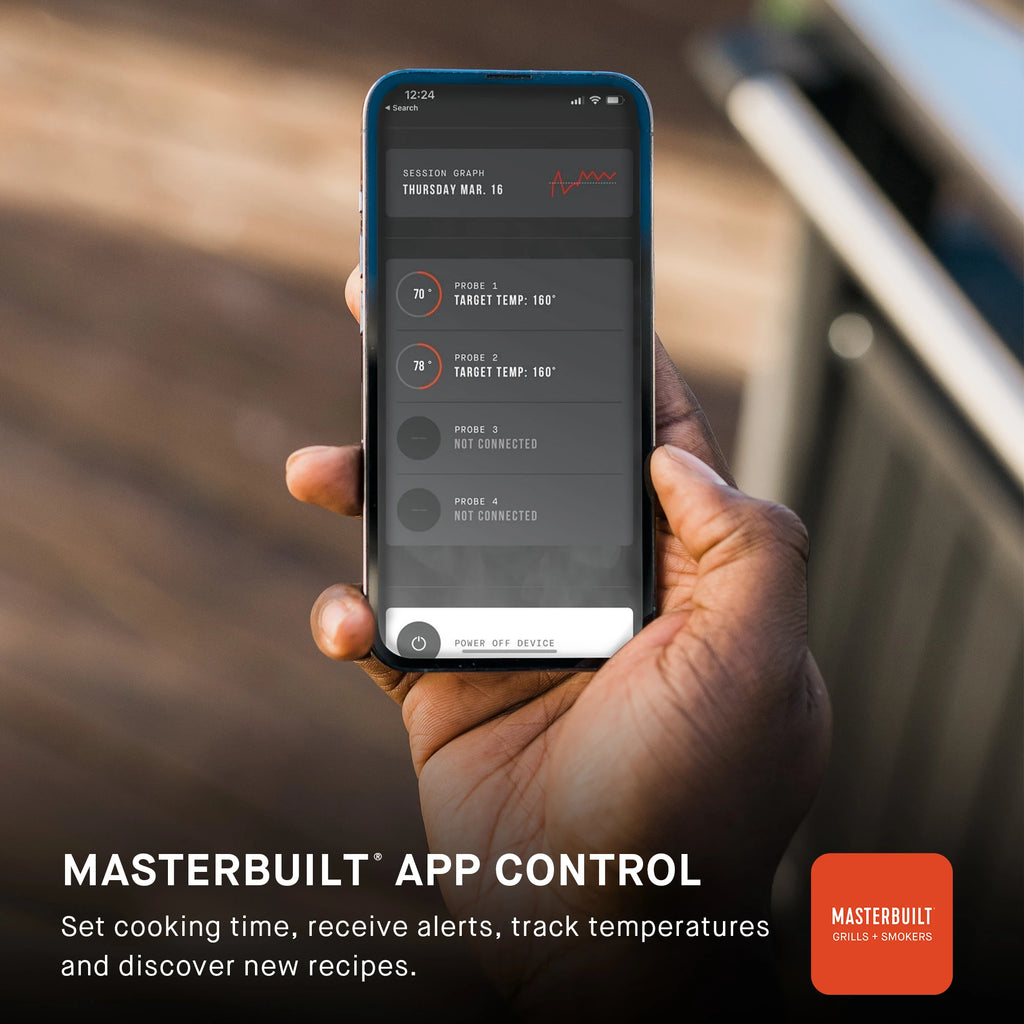 Hand holding a smartphone with Masterbuilt app control displayed, set against a blurred outdoor background. Text overlay reads: Masterbuilt app control. Set cooking time, receive alerts, track temperatures and discover new recipes. The orange app logo is in the bottom right corner