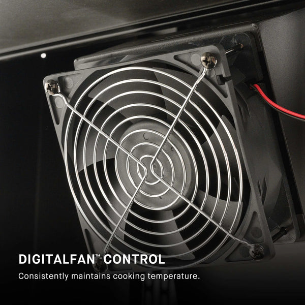 Closeup of the DigitalFan mounted below the grill body. Text overlay reads: DigitalFan control consistently maintains cooking temperature.