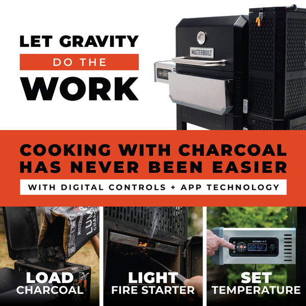 Let gravity do the work. Cooking with charcoal has never been easier. With digital controls plus app technology. Load charcoal, light fire starter, set temperature.