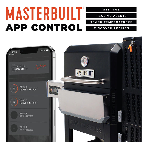 Masterbuilt grill with smartphone displaying app control features on a white background. Set time. Receive alerts. Track temperatures. Discover recipes.