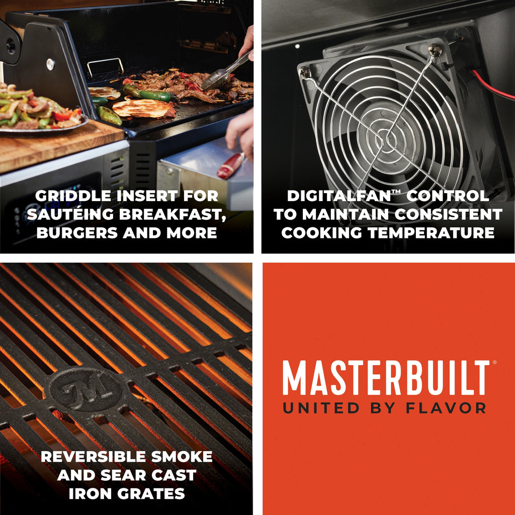 Collage of features of a Gravity Series 800 Grill. Griddle insert for sautéing breakfast, burgers and more. DigitalFan™ control to maintain consistent cooking temperature. Reversible smoke and sear cast iron grates.