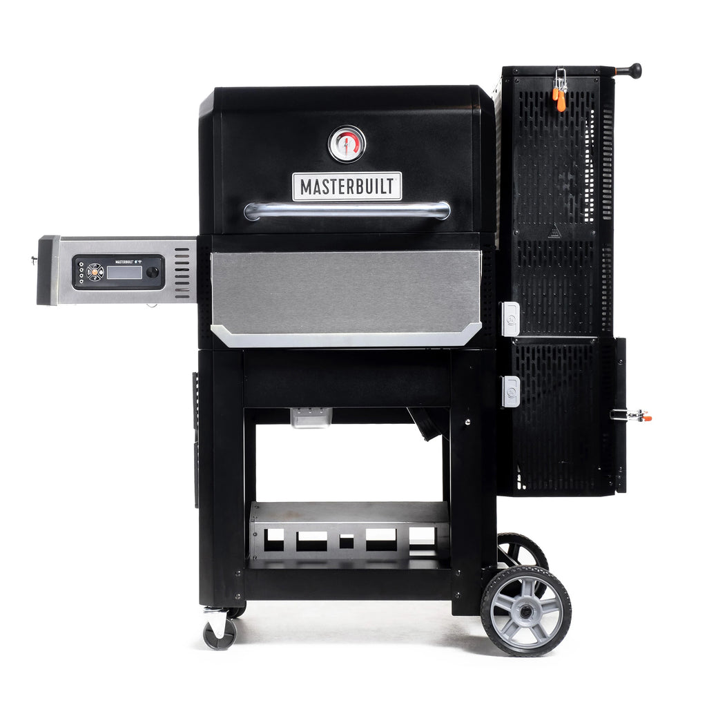 Gravity Series 800 grill with hopper on the right, side shelf with digital control panel beneath it on the left, and a cart with 4 wheels.