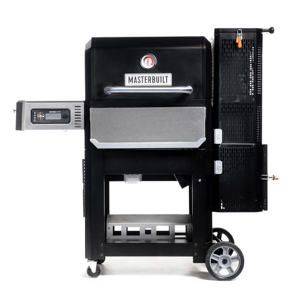 Gravity Series 800 grill with hopper on the right, side shelf with digital control panel beneath it on the left, and a cart with 4 wheels.