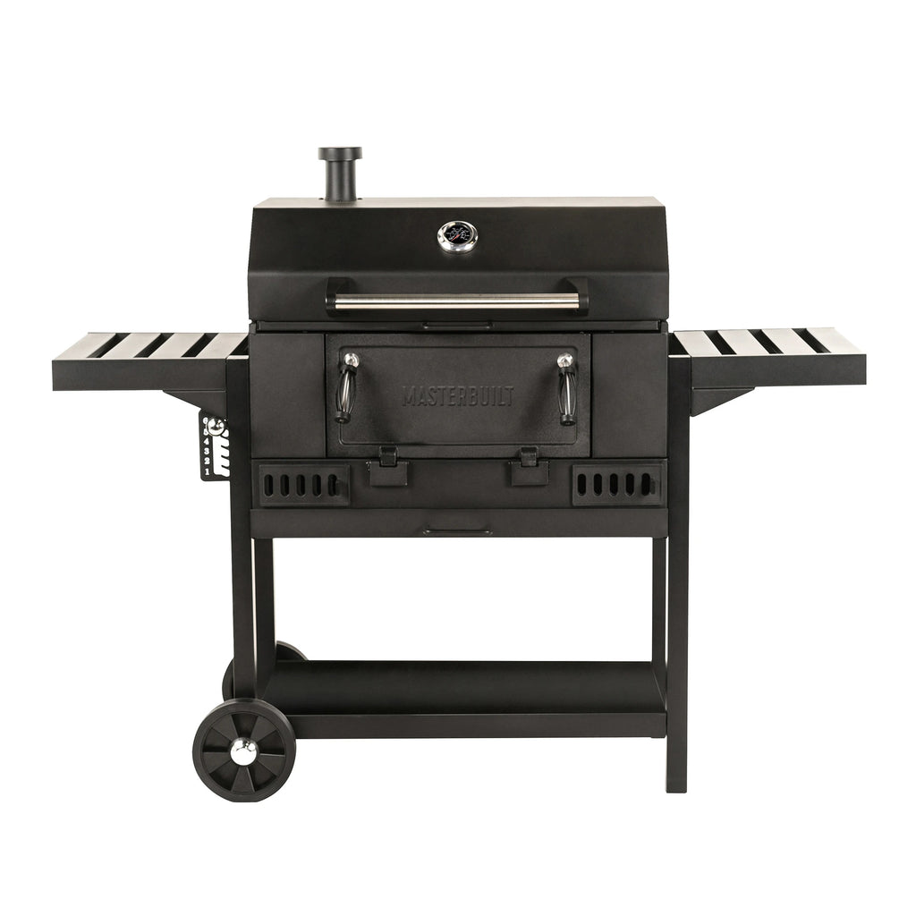 A 30 inch wide black charcoal grill mounted on a cart with 2 wheels and a metal shelf. The grill body has a chimney in the left rear, a temperature gauge in the top center of the lid, and a 2-handled access panel in the front of the grill base. 