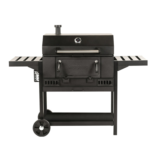 A 30 inch wide black charcoal grill mounted on a cart with 2 wheels and a metal shelf. The grill body has a chimney in the left rear, a temperature gauge in the top center of the lid, and a 2-handled access panel in the front of the grill base. 