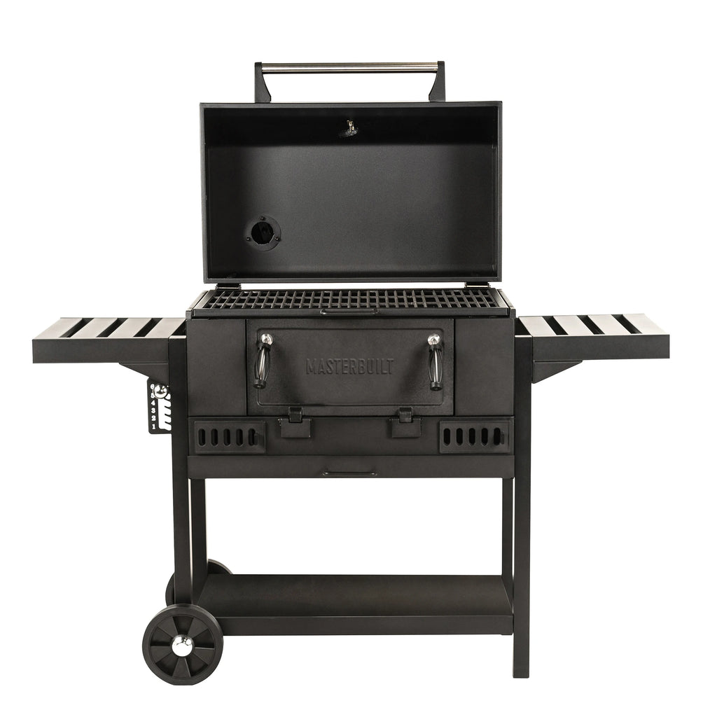 The charcoal grill with the lid open against a white background. The grill has 2 side shelves, 2 adjustable air vents at the bottom of the grill body, a fire grate height adjuster beneath the left side shelf, and 2 metal handles used to open the charcoal access door that runs across most of the grill body.