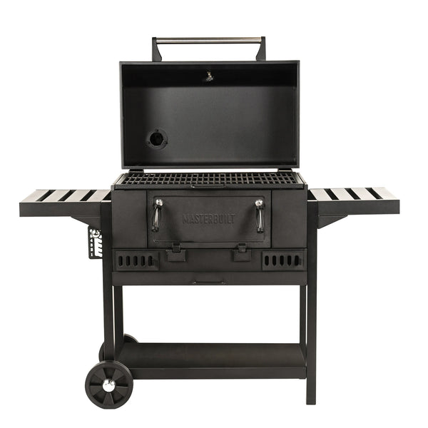 The charcoal grill with the lid open against a white background. The grill has 2 side shelves, 2 adjustable air vents at the bottom of the grill body, a fire grate height adjuster beneath the left side shelf, and 2 metal handles used to open the charcoal access door that runs across most of the grill body.