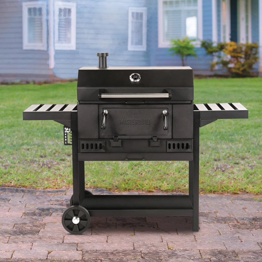 30 inch black charcoal grill with side shelves. Cart with 2 wheels makes it easy to move.