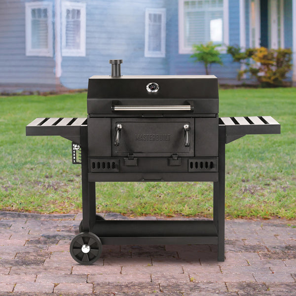 30 inch black charcoal grill with side shelves. Cart with 2 wheels makes it easy to move.