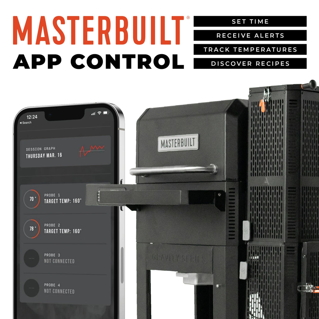 Masterbuilt app control system with smartphone displaying app interface. Set time. Receive alerts. Track temperatures. Discover recipes.