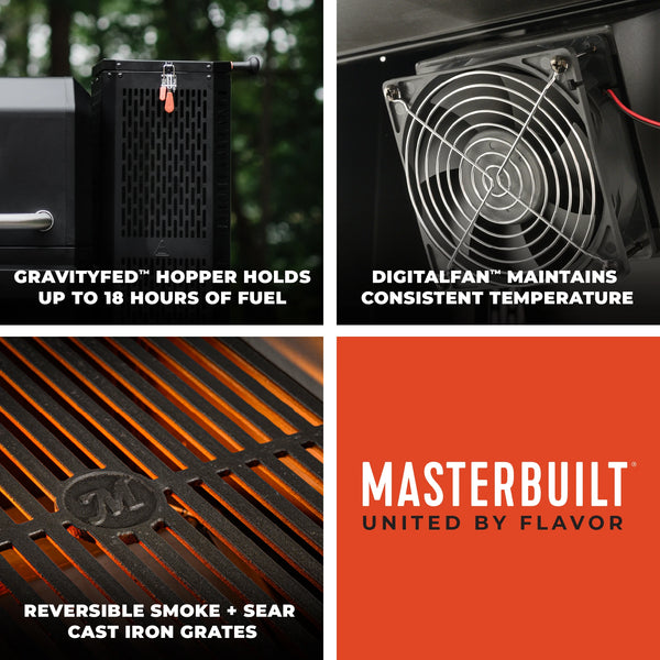 Collage of images showing grill features. GravityFed™ hopper holds up to 18 hours of fuel. DIgitalFan™ maintains consistent temperature. Reversible smoke and sear cast iron grates.
