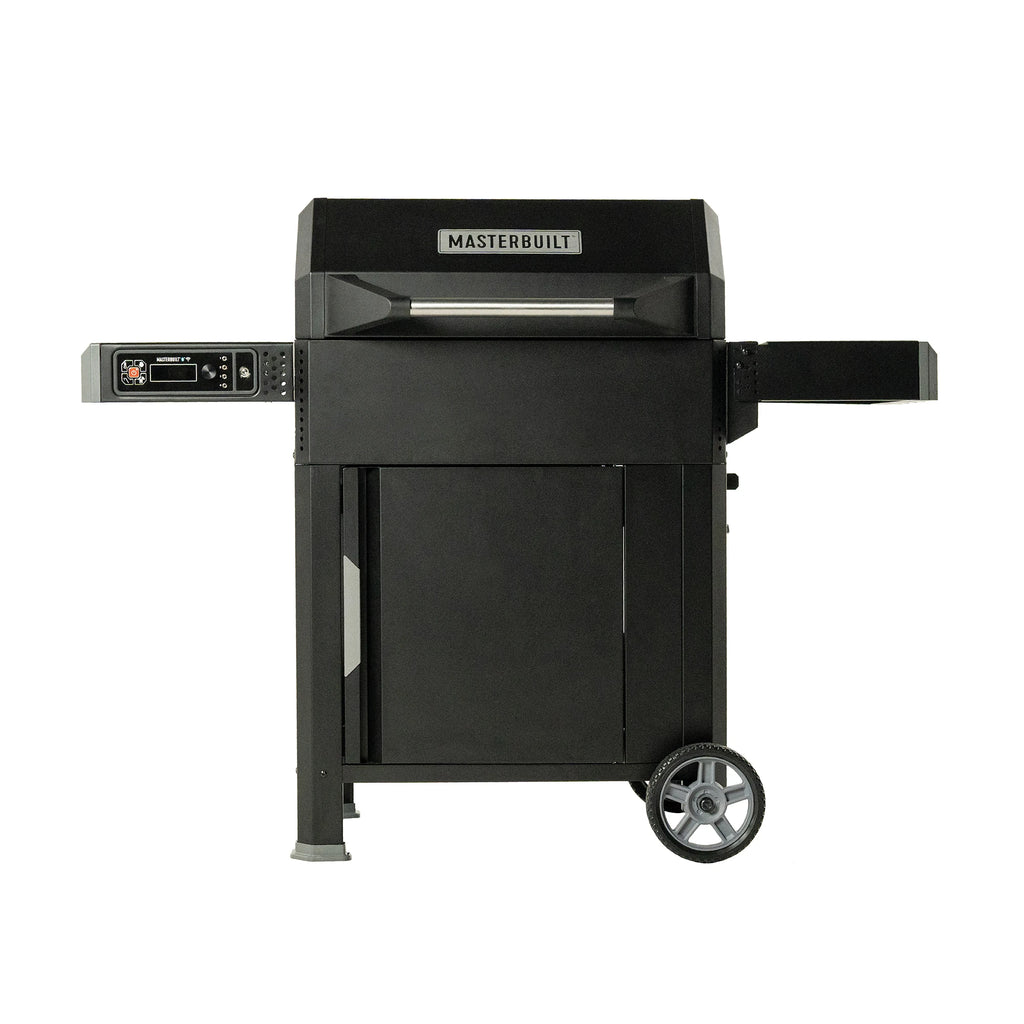 An AutoIgnite Series 545 Grill and Smoker on  a cart with 2 wheels. There are 2 side shelves. The digital control panel is under the one on the left.