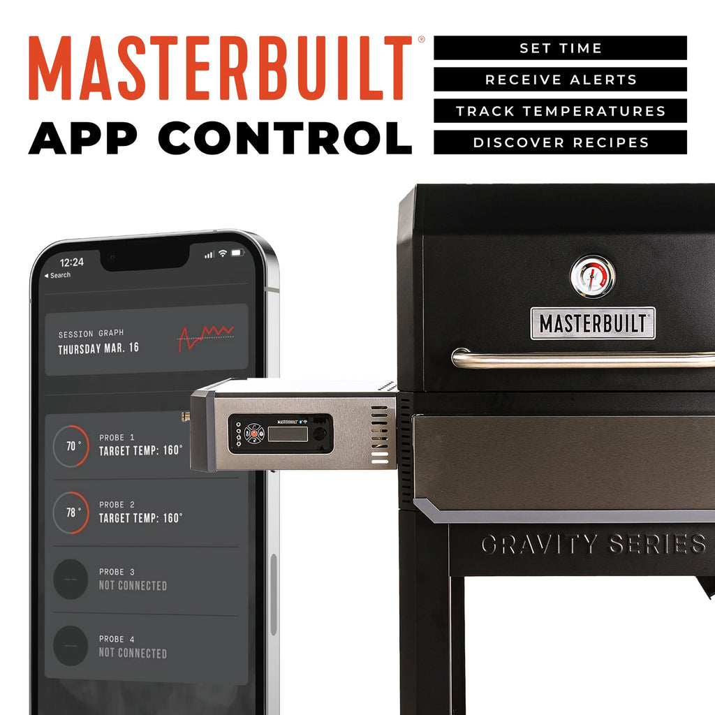 Masterbuilt grill with smartphone app control feature displayed. Set time. Receive alerts. Track temperatures. Discover recipes.