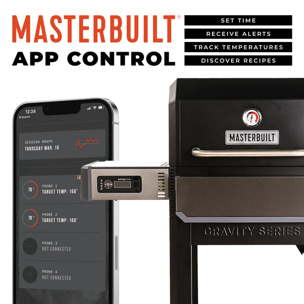 Masterbuilt grill with smartphone app control feature displayed. Set time. Receive alerts. Track temperatures. Discover recipes.