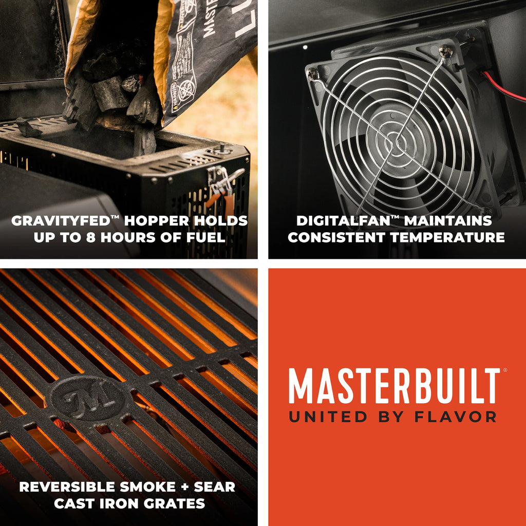 Image mosaic. GravityFed™ hopper holds up to 8 hours of fuel. DigitalFan™ maintains consistent temperature. Reversible smoke and sear cast iron grates.