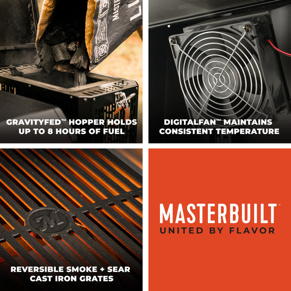 Image mosaic. GravityFed™ hopper holds up to 8 hours of fuel. DigitalFan™ maintains consistent temperature. Reversible smoke and sear cast iron grates.