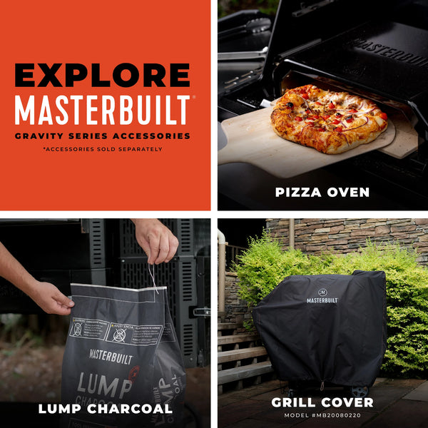 Mosaic of Masterbuilt accessories. Accessories are sold separately. Pizza oven, lump charcoal, grill cover (MB20080220)