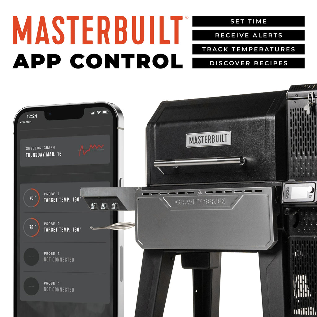 Masterbuilt app control system with smartphone displaying app interface and grill with probe. Set time. Receive alerts, track temperatures, discover recipes.