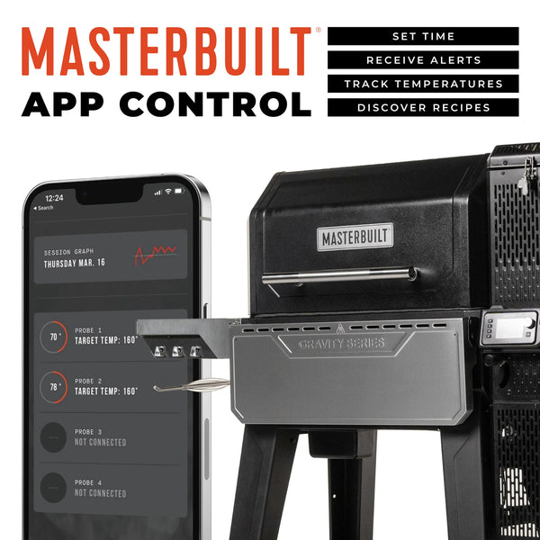Masterbuilt app control system with smartphone displaying app interface and grill with probe. Set time. Receive alerts, track temperatures, discover recipes.