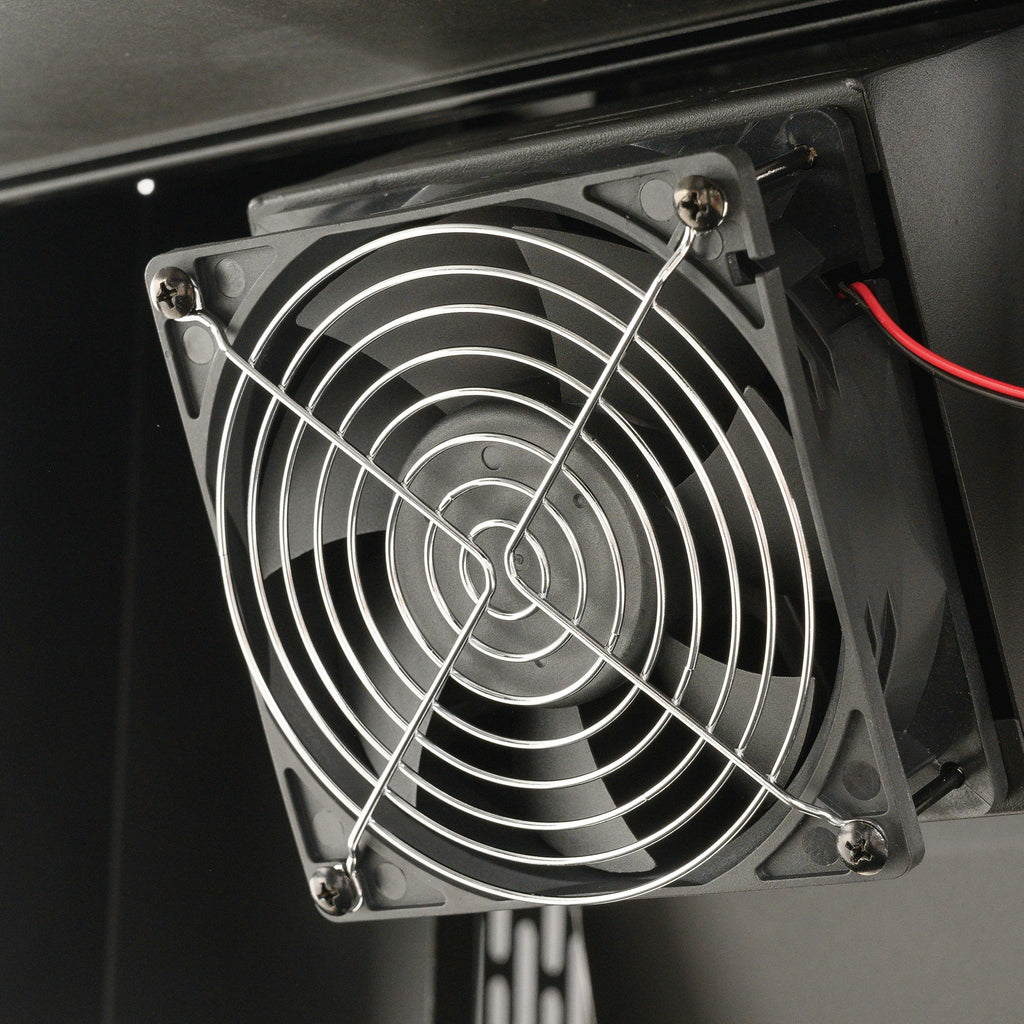 The digitally controlled fan moves air flow from the hopper to the cooking chamber and maintains desired cooking temperature