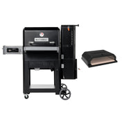 Masterbuilt Gravity Series 900 smoker grill on a white background. An image of the Masterbuilt pizza oven is to the right.