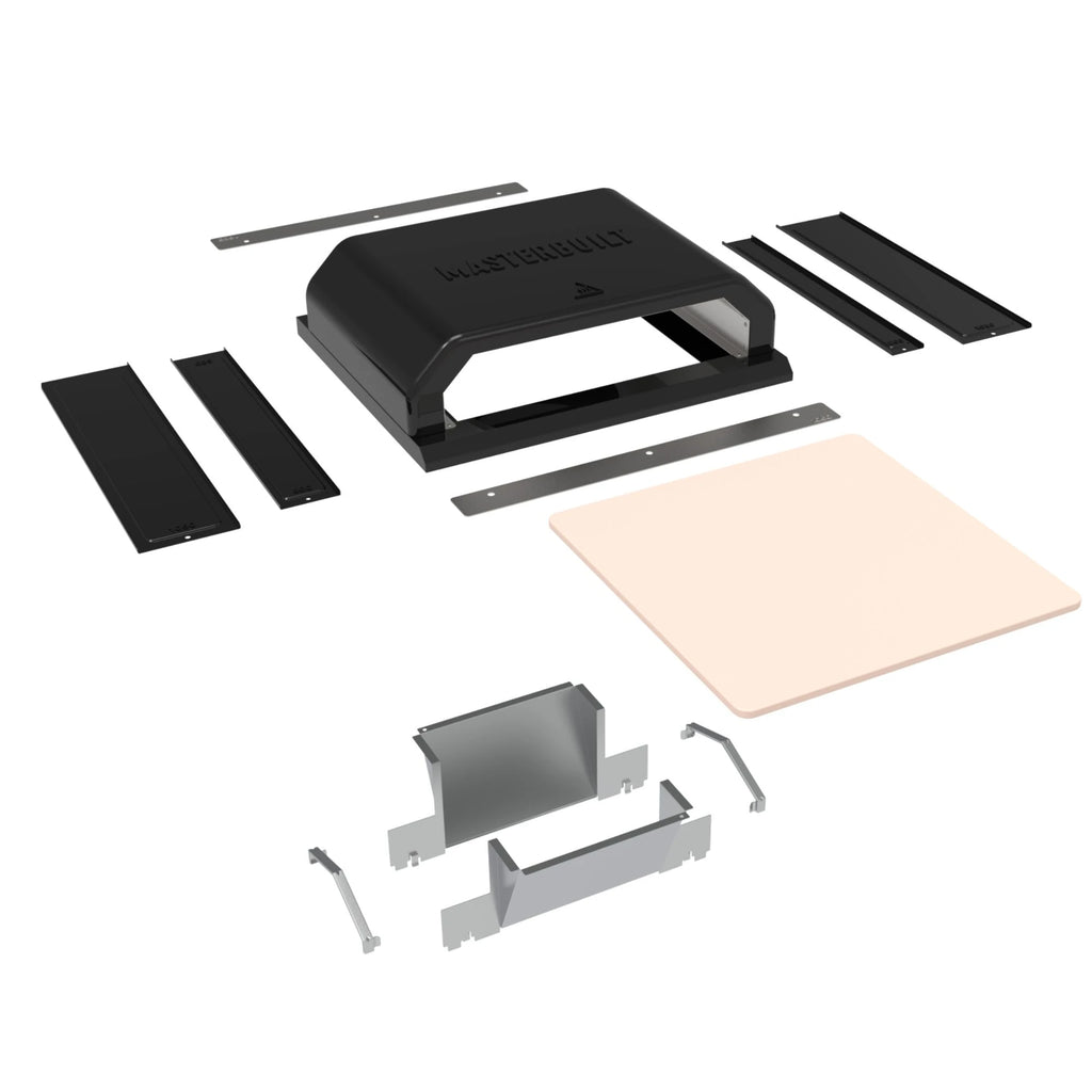Exploded view of the pizza oven showing body, pizza stone and the panels used to customize the fit of the oven in the grill.