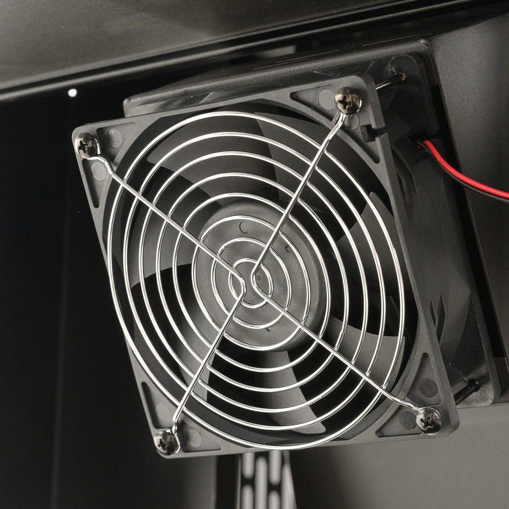 Closeup of the DigitalFan mounted below the grill body. This fan maintains consistent cooking temperatures.