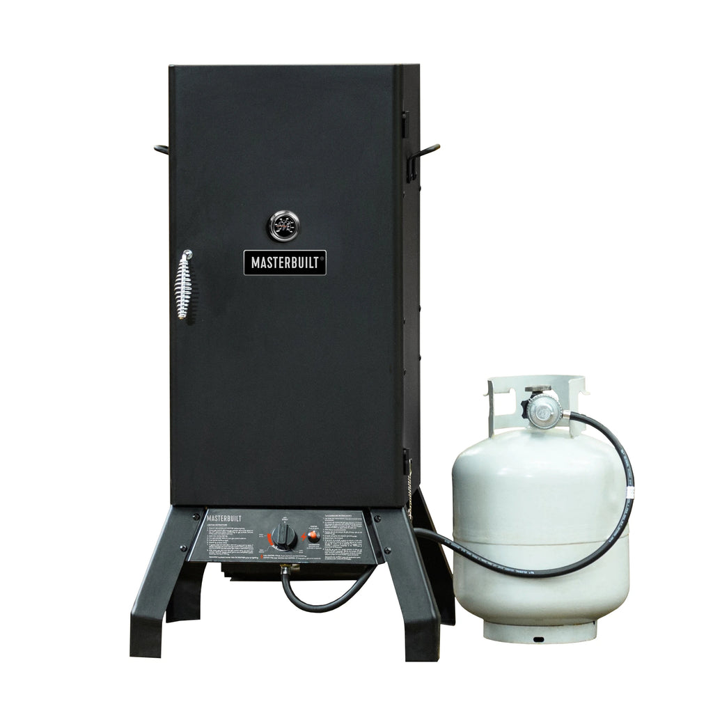 Black Masterbuilt 30-inch propane smoker with propane tank on a white background. Smoker controls are at the bottom between the legs. Door has built-in temperature gauge, cool-touch handle, and a plate with the Masterbuilt logo. 