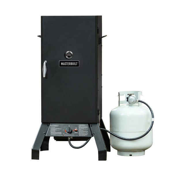 Black Masterbuilt 30-inch propane smoker with propane tank on a white background. Smoker controls are at the bottom between the legs. Door has built-in temperature gauge, cool-touch handle, and a plate with the Masterbuilt logo. 