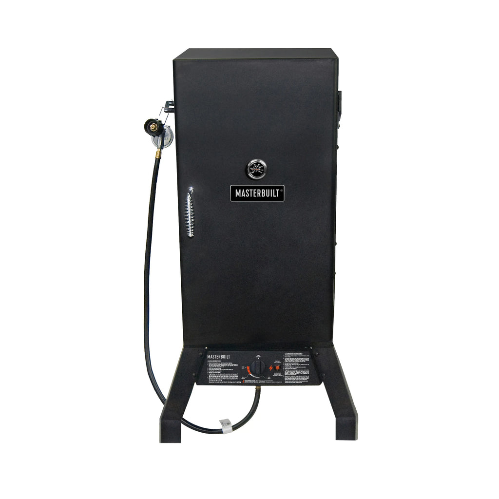 30-inch propane smoker without tank. The value/regulator assembly is hanging from the handle on the left side of the grill body.
