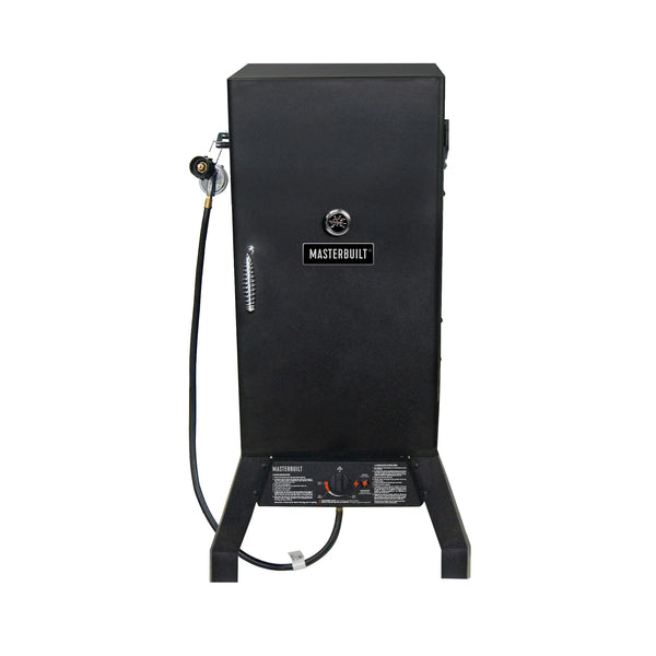 30-inch propane smoker without tank. The value/regulator assembly is hanging from the handle on the left side of the grill body.
