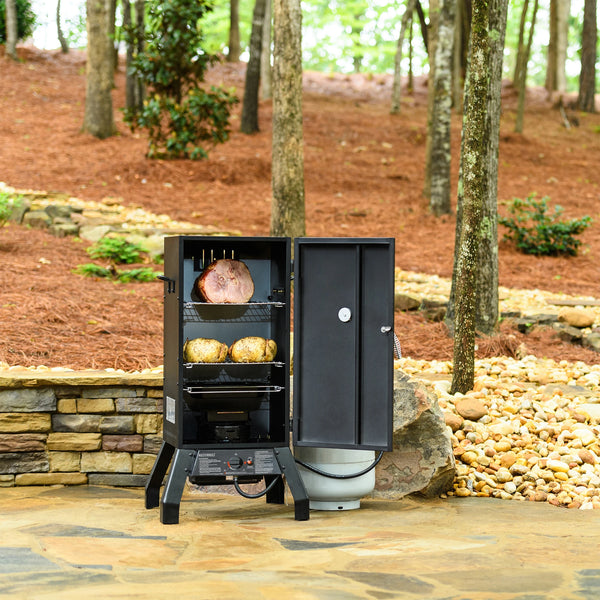 Vertical smoker with door open to show the food inside, set against a natural outdoor background. A large ham is on the top rack. 2 whole chickens are on the bottom rack. 