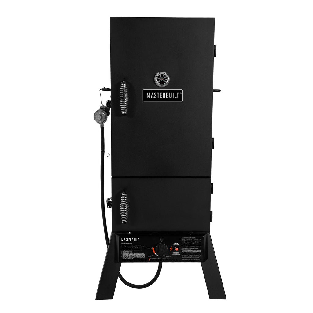 The 730 Propane Smoker with 2 doors and a control panel at the base. Doors have cool-touch wire handles. The top door has a built-in temperature gauge. 