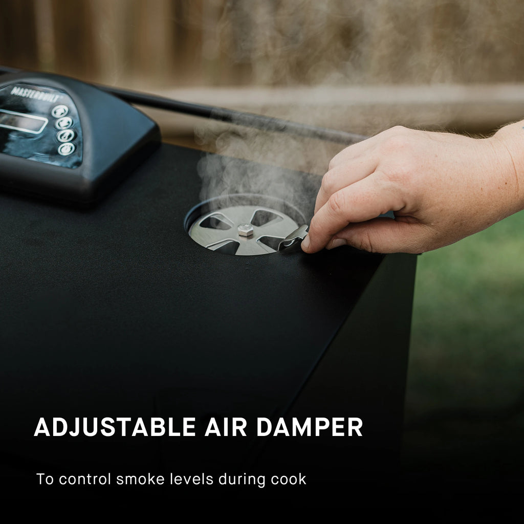 Adjustable air damper to control smoker levels during cook. Damper is mounted on the top of the smoker to the right of the control panel.