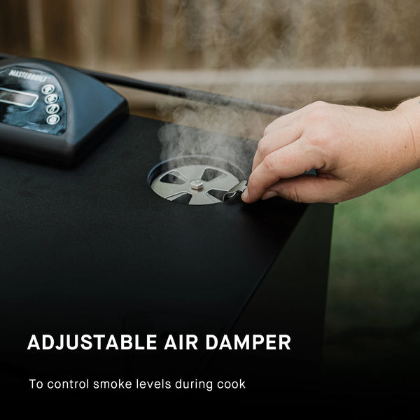 Adjustable air damper to control smoker levels during cook. Damper is mounted on the top of the smoker to the right of the control panel.