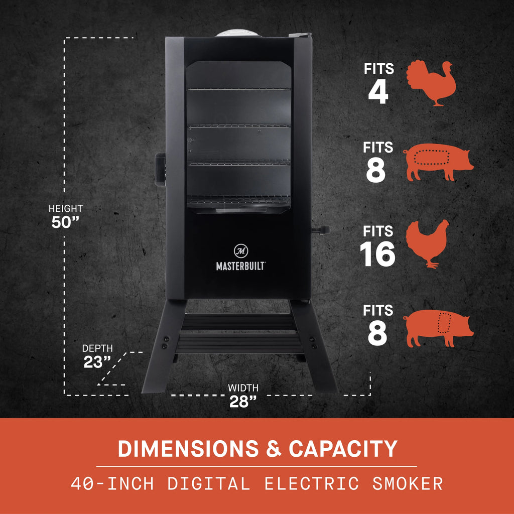 Dimensions and capacity 40-inch digital electric smoker. Height: 50 inches (including legs), width: 28 inches (including legs), depth: 20 inches (including legs).  Fits 4 turkeys, 8 racks of ribs, 16 chickens, 8 pork butts