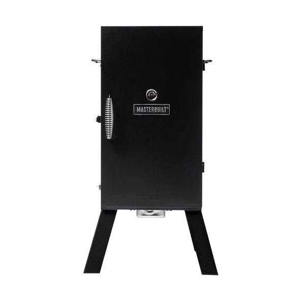 30-inch analog smoker, black, with legs. Door has a cool-touch handle, built-in temperature gauge, and Masterbuilt name plate. The door latches on the left. 2 handles extend from the sides of the smoker.
