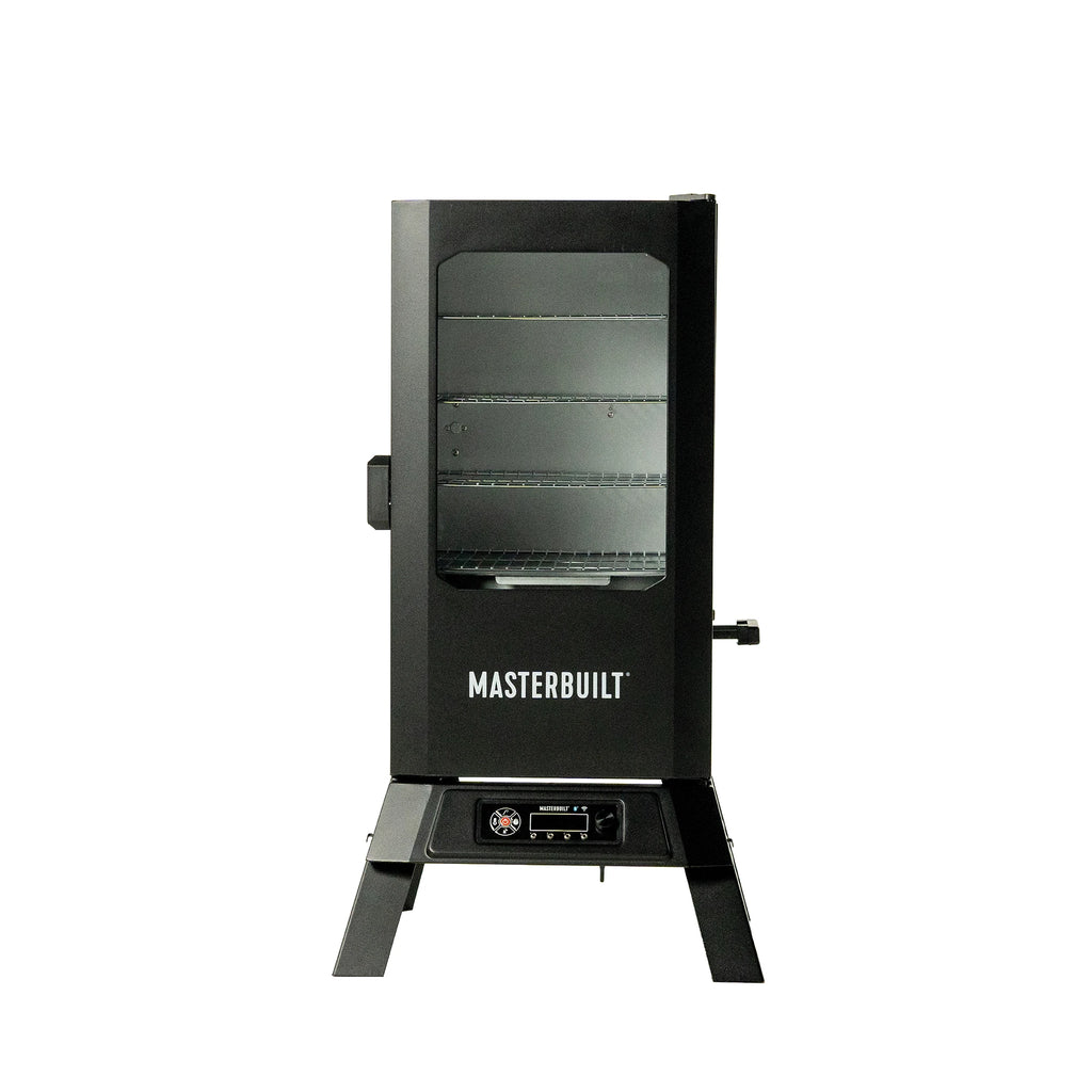 Masterbuilt 710 WiFi Digital Smoker on legs. Black with a window in the door.  Door latches on left. Patented side wood chip loader is on the right. The control panel sits between the legs below the smoker.