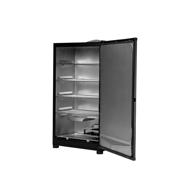 An open digital electric smoker with 4 chrome-coated smoking racks and removable water bowl at the bottom